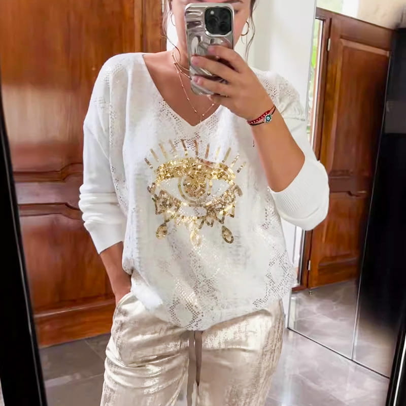 2-delige damesset: gouden Devil's Eye-top en broek verfraaid met pailletten