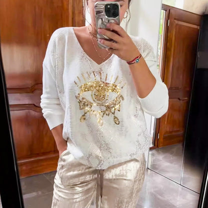 2-delige damesset: gouden Devil's Eye-top en broek verfraaid met pailletten