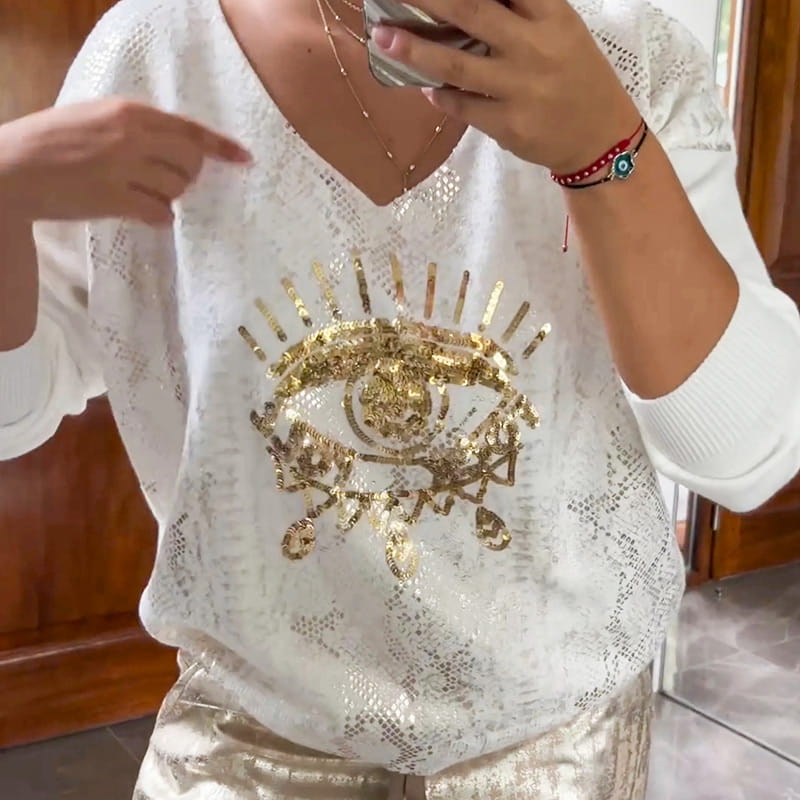 2-delige damesset: gouden Devil's Eye-top en broek verfraaid met pailletten