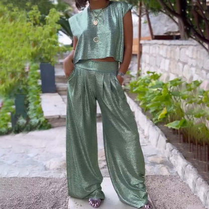 2-delige damesoutfits Glanzende losse pasvorm crop top en broek met wijde pijpen en zakken