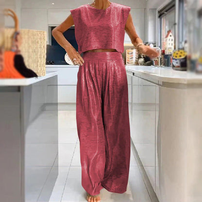 2-delige damesoutfits Glanzende losse pasvorm crop top en broek met wijde pijpen en zakken